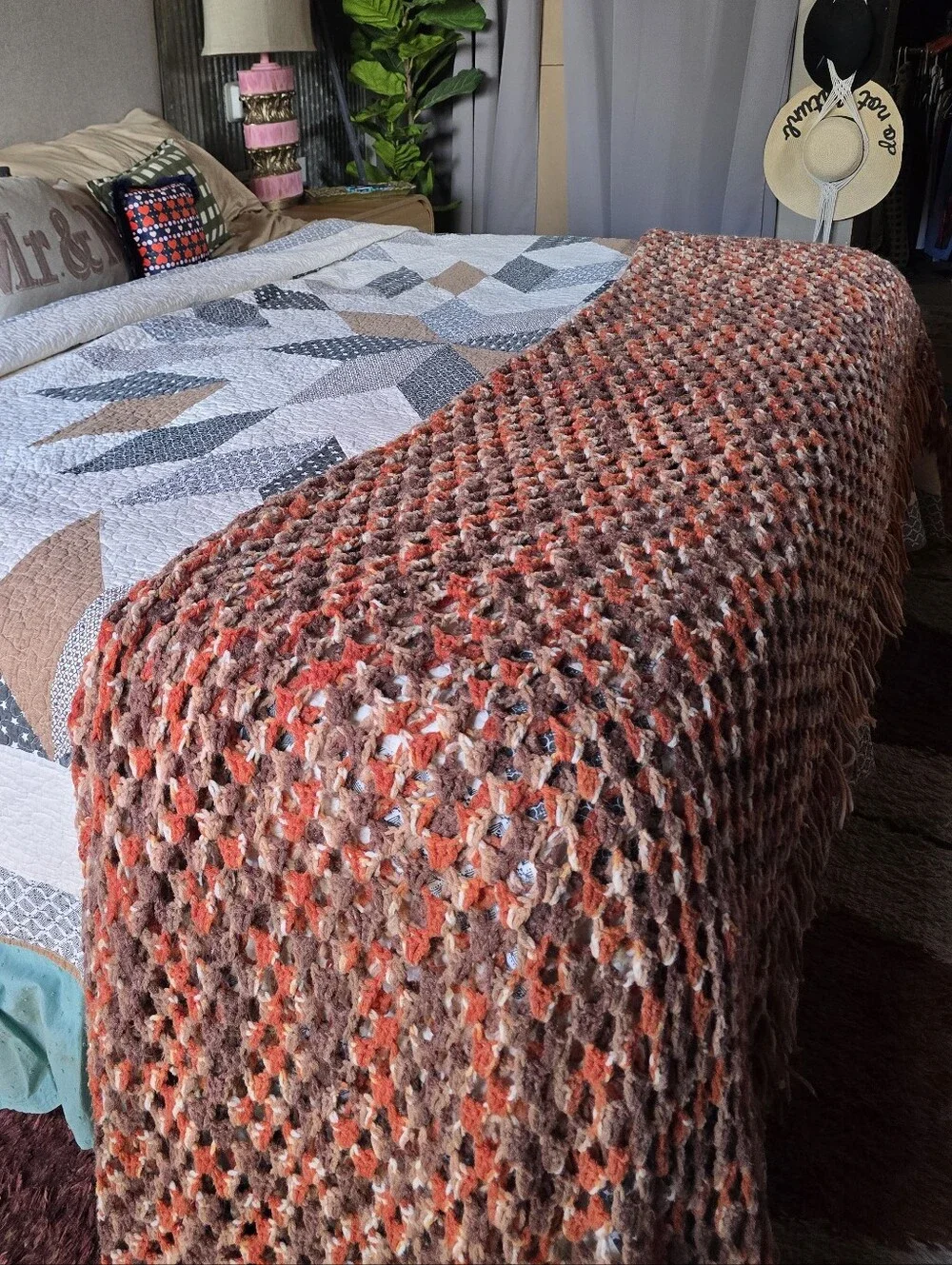 Handmade Rust Orange and Brown Crochet Bedding Blanket King Fringe Boho